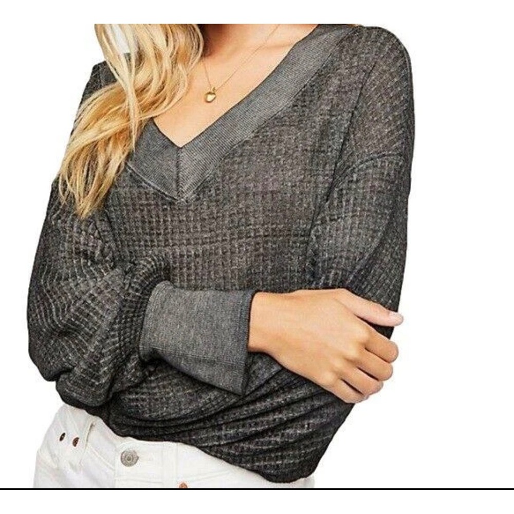 We The Free Free People Black Waffle Knit V-Neck Thermal Top Small